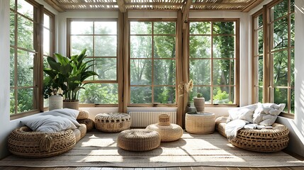 Wall Mural - Scandinavian-inspired sunroom decorated with natural wood and wicker accents for a warm and inviting atmosphere