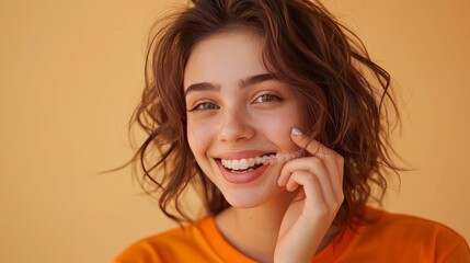 Wall Mural - Close up cropped young woman wear orange shirt casual clothes hold in hand invisible transparent aligners, invisalign bracer smile isolated on plain pastel light beige background. Lifestyle concept.