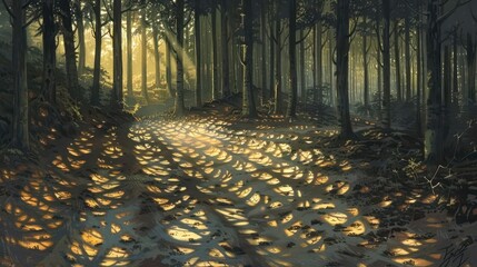 Wall Mural - ethereal forest scene with dappled sunlight and intricate shadow patterns on the forest floor