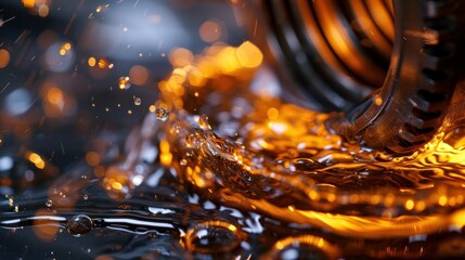 Poster - Close-up view of a metal bearing with dynamic oil splashes, symbolizing machinery lubrication and maintenance.