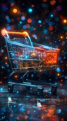 Poster - a vibrant shopping cart illuminated with colorful bokeh lights, creating a festive and dynamic atmos