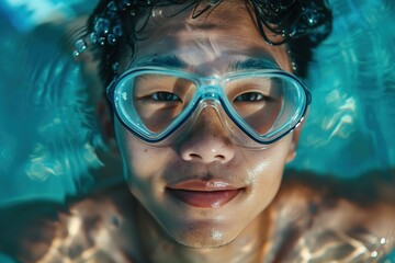 A cheerful Asian man wearing a snorkel and goggles looks up at the camera while swimming underwater in a pool.