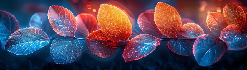 Poster - close-up of vibrant red and blue leaves illuminated by soft light, creating a stunning, colorful, an