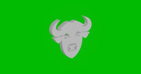 Poster - Animation of rotation of a white buffalo head symbol with shadow. Simple and complex rotation. Seamless looped 4k animation on green chroma key background