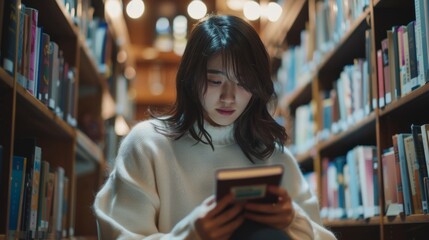 Poster - asian student sitting reading in a modern library