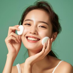 Young Asian women smiling a cotton pad on a white background