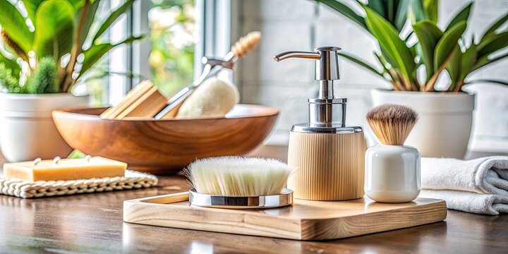 Bathroom set with soap dispenser and brush.
