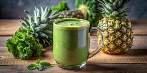 Wall Mural - Fresh green smoothie with pineapple and kale.
