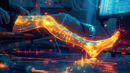 Poster - A person's leg is shown in a computer generated image with glowing bones