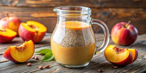 Poster - Pitcher of peach smoothie with fresh peaches.