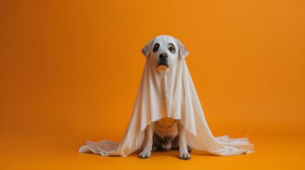 Wall Mural - A dog is wearing a white sheet and looking at the camera