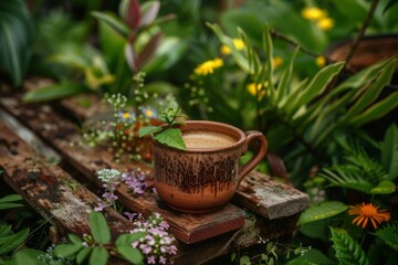 A peaceful garden setting with a cup of ceremonial cacao on a rustic wooden bench, surrounded by blooming plants