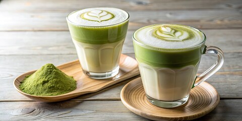 Wall Mural - Matcha lattes in glass cups on a wooden tray.