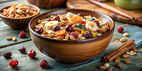 Wall Mural - Nutty and fruity granola in a wooden bowl.
