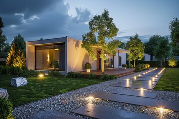 Wall Mural - Modern gardening with illuminated pathway to a house