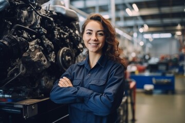 Wall Mural - Portrait of a smiling female engineer in auto part factory