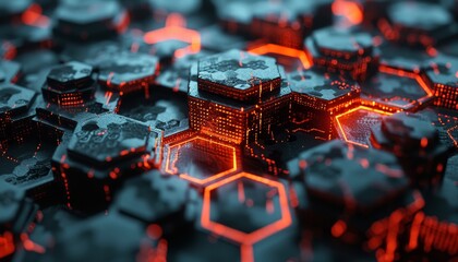 Poster - Futuristic hexagonal patterns illuminated in abstract technology background with glowing light