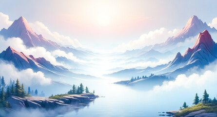 Canvas Print - Serene Mountain Lake with Fog and Sun