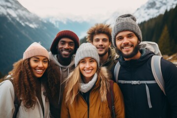 Wall Mural - Portrait of a group of diverse people on mountain hike