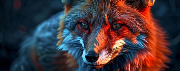 Stunning close-up of a fox with vibrant, colorful fur illuminated by a red and blue light in a dark, dramatic forest setting.