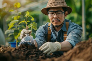Wall Mural - 30. Portrait of an Asian agricultural technician testing soil in an organic farm, high quality photo, photorealistic, serious expression, studio lighting