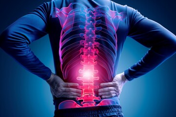 Man holding lower back in pain highlighting spinal discomfort lumbar injury concept physical therapy rehabilitation sciatica muscle strain health care wellness medical

