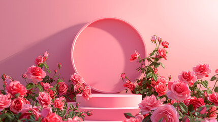 Wall Mural - podium surrounded by roses with empty frame