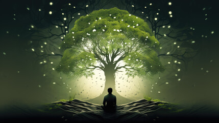 generated illustration conceptual image of green tree shaped like brain