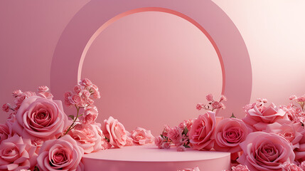 Wall Mural - podium surrounded by roses with empty frame