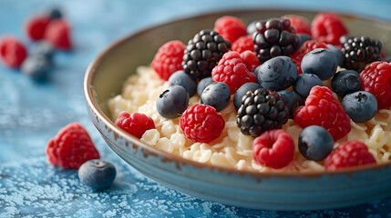 Wall Mural - A bowl of oatmeal topped with raspberries, blueberries, and blackberries