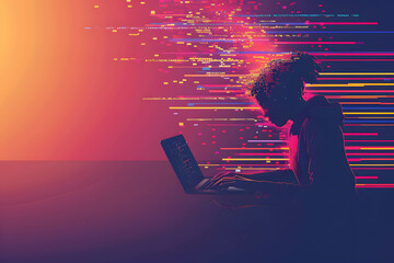 Wall Mural - Illustration of a person typing on a laptop with lines of code appearing in the air, focused developer coder working on computer, professional programmer