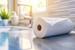 © Ben - Paper towel roll on a sunlit kitchen countertop, highlighting household hygiene and freshness in a modern kitchen setting, Generative AI