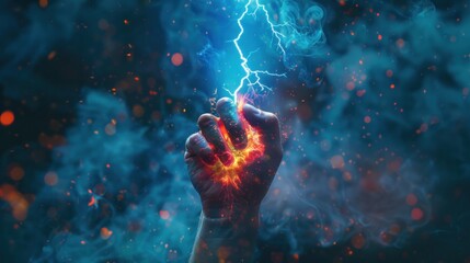 Canvas Print - Hand holding up a lightning bolt. Energy and power. Stormy background. Blue glow. Zeus, thor. 