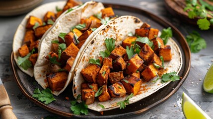 Wall Mural - Spicy Sweet Potato Tacos. Grilled sweet potato tacos with cilantro on a dark plate