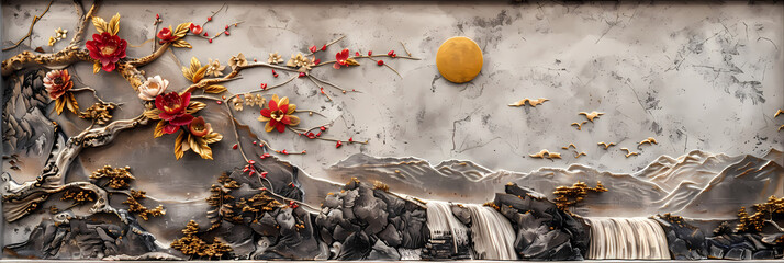 Wall Mural - Beautiful sakura tree and mountain 3d relief wallpaper. Mural wallpaper. Wall art. AI generated illustration.