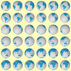 Wall Mural - Collection of planet globes. Normal sphere view. Rotation step 10 degrees. Solid color style. World map with dense graticule lines on golden background. Delicate vector illustration.