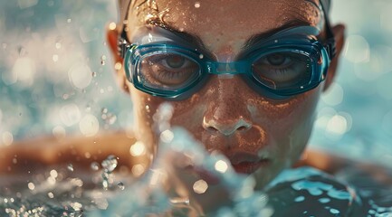 Close up of a young woman swimming in an olympic pool, wearing goggles and a swim cap. Water droplets are flying around her face with a shallow depth of field and a blurred background
