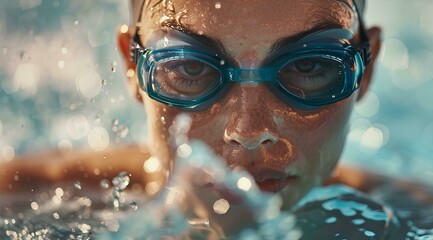 close up of a young woman swimming in an olympic pool, wearing goggles and a swim cap. water droplet