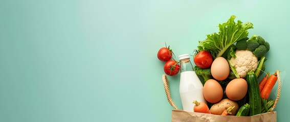 Wall Mural - A paper bag with vegetables, eggs, and milk on a light green background with copy space. food items for a delivery concept. shopping cart full of products for people at home from an online grocery 