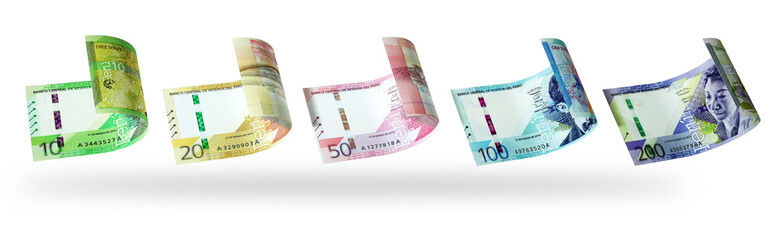 Aufkleber - Set of Peruvian soles notes in different denominations. 3d illustration	