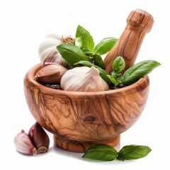 Flavoring Herbs and Spices in Wooden Mortar on White Background