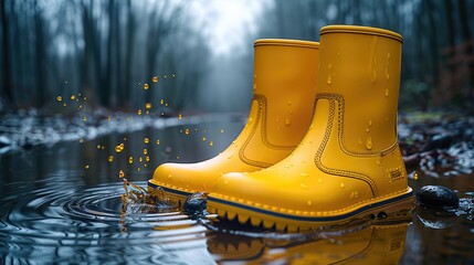 Wall Mural - Close-up of yellow rubber boots in a puddle, with splashes, spring background 