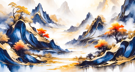 Wall Mural - Abstract Landscape with Golden River and Blue Mountains