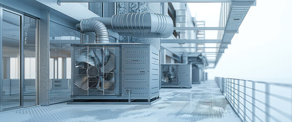 Fototapete - Transparent building showing HVAC equipment in cold climate, high detailed, ductwork, white background. Generative AI.