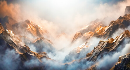 Canvas Print - Misty Mountain Range with Golden Peaks