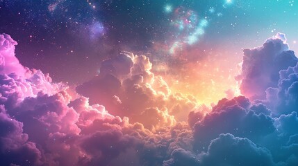 Wall Mural - Holographic fantasy rainbow unicorn background with clouds and stars. Pastel color sky. Magical landscape, abstract fabulous pattern. Cute candy wallpaper. Vector.