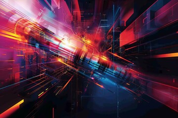 Poster - vibrant abstract digital art with futuristic, colorful light streaks and dynamic shapes creating a s