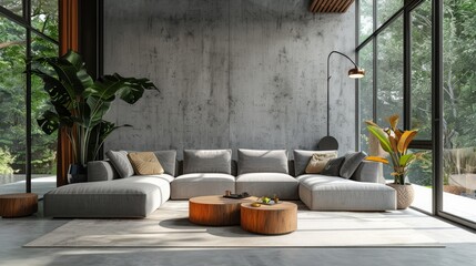 Poster - Interior of light living room with grey sofa, coffee table and big window 