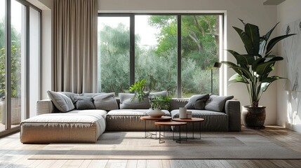 Wall Mural - Interior of light living room with grey sofa, coffee table and big window