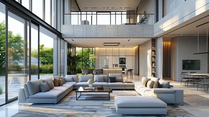 Poster - Interior of light living room with grey sofas, coffee table and large window